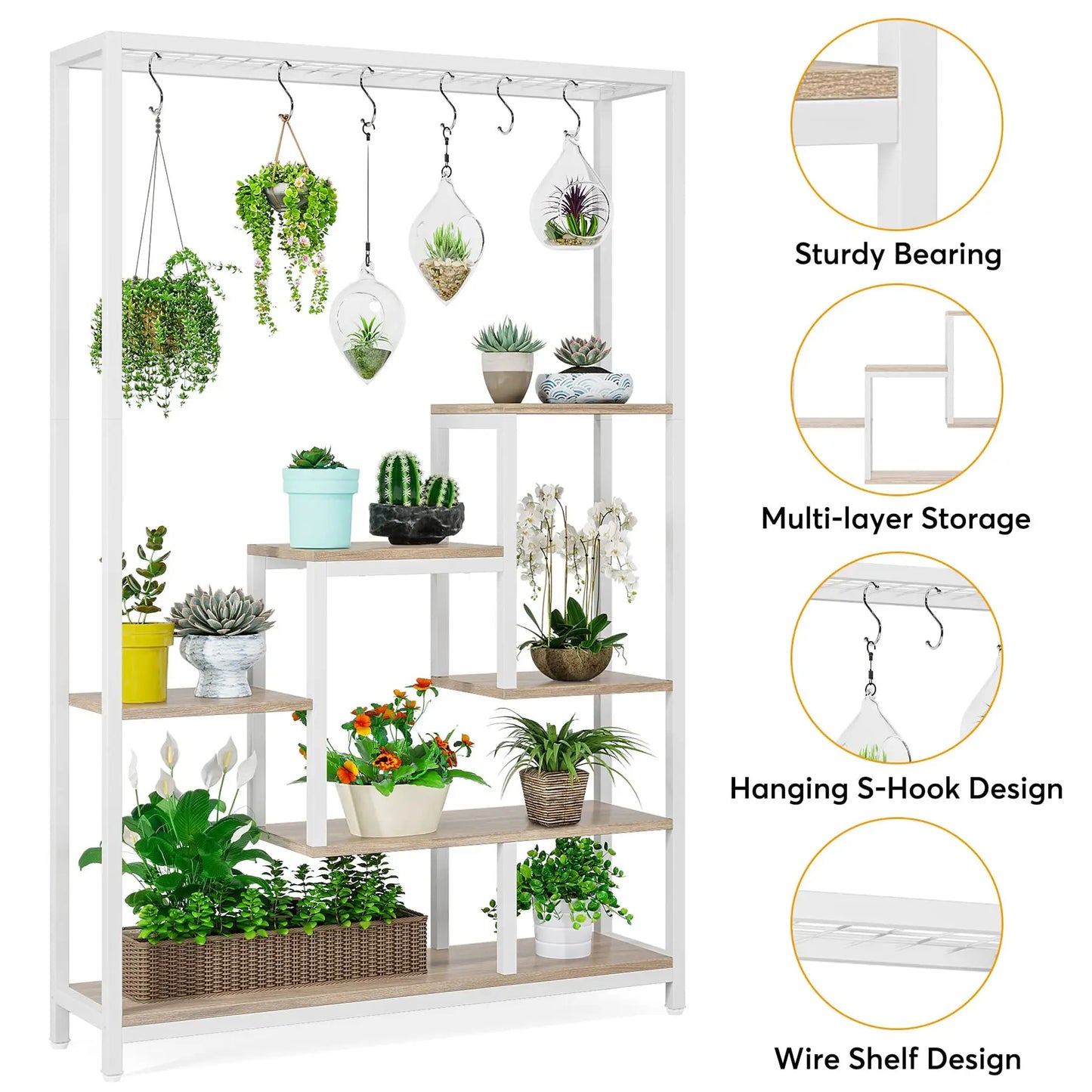 Tall 5-Tier Indoor Plant Stand with Hooks – Metal Flower Display Rack with 7 Shelves for Balcony & Living Room