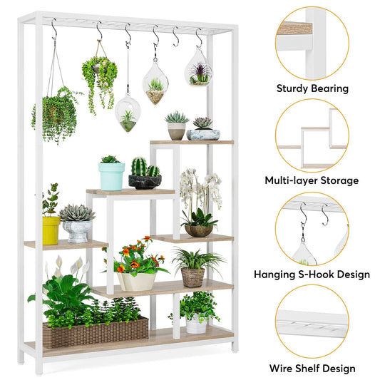 Tall 5-Tier Indoor Plant Stand with Hooks – Metal Flower Display Rack with 7 Shelves for Balcony & Living Room