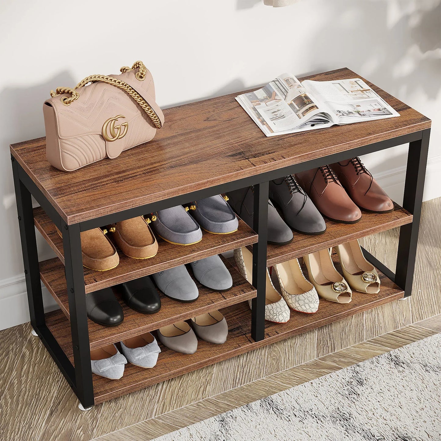 Upgrade your entryway with this stylish coat rack and shoe bench combo featuring 3 cubbies, 7 hooks, and rustic wood for efficient and elegant storage.