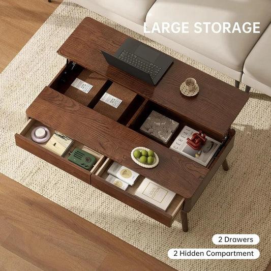 Solid Oak Lift-Top Coffee Table – Walnut Finish with Hidden Storage & Drawers for Living Room Functionality