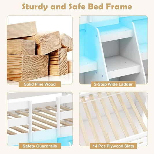 Twin Low Loft Bed with LED Lights, Stairs, Guardrail & Bookcase – Solid Wood Frame with Under-Bed Storage