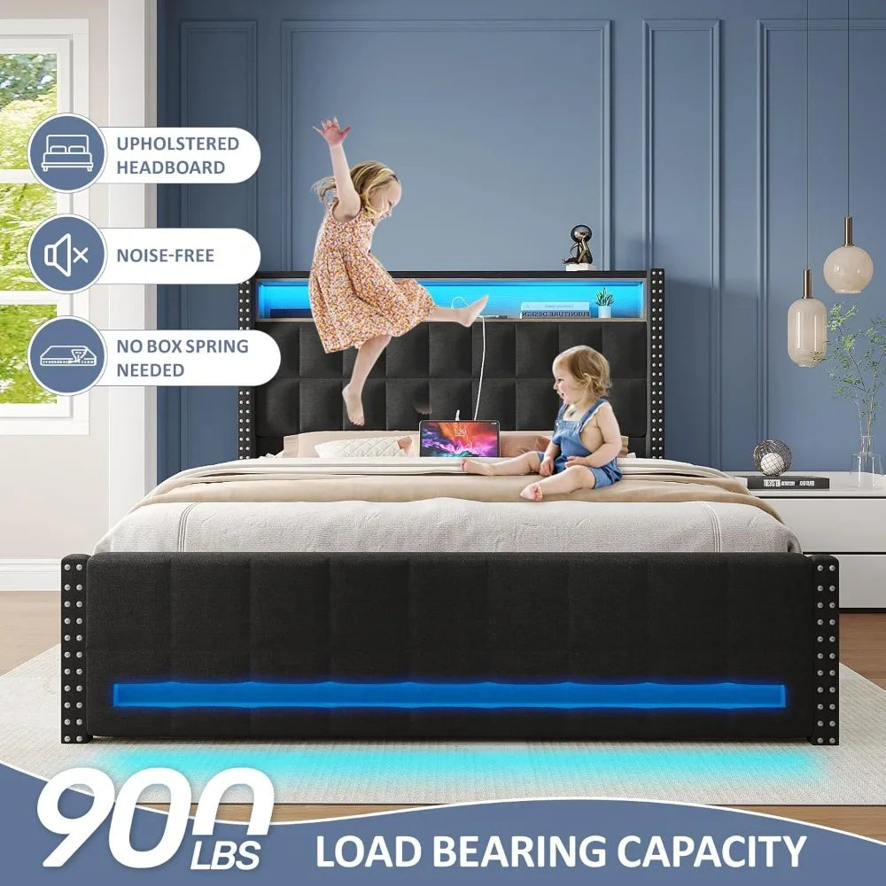 Queen Bed Frame with Storage Drawers, LED Headboard & Charging Ports