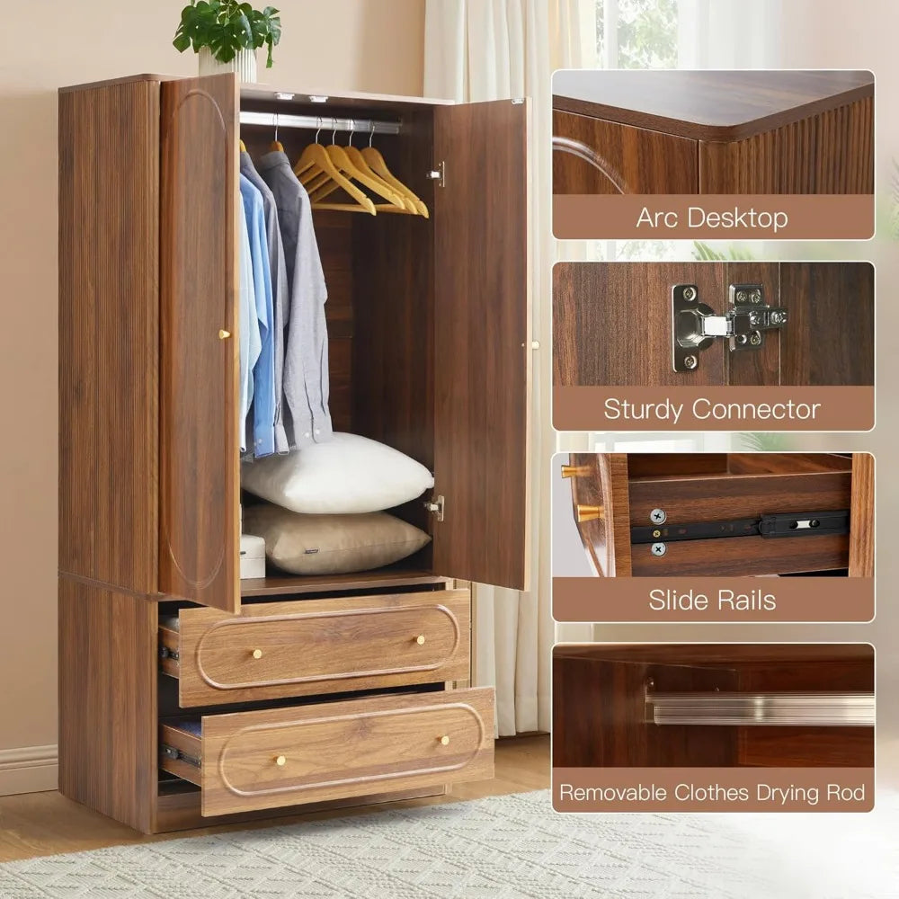 Set of 2 Freestanding Wardrobe Closets with Fluted Doors & Drawers – Modern Armoire Storage Cabinets, Walnut Finish