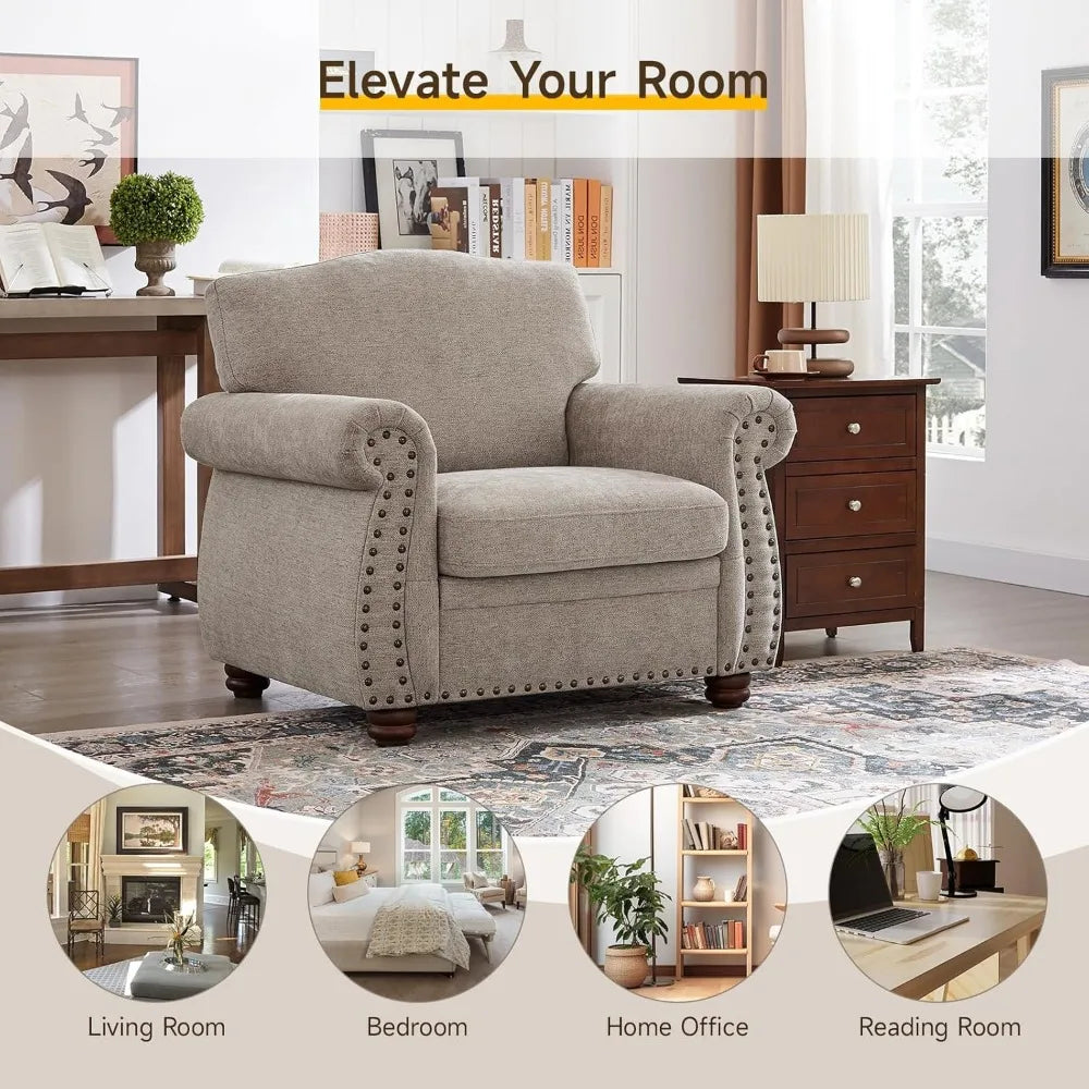 Rolled Arm Chenille Accent Chair – Nailhead Trim Club Chair with Cushions & Solid Wood Legs (Beige)