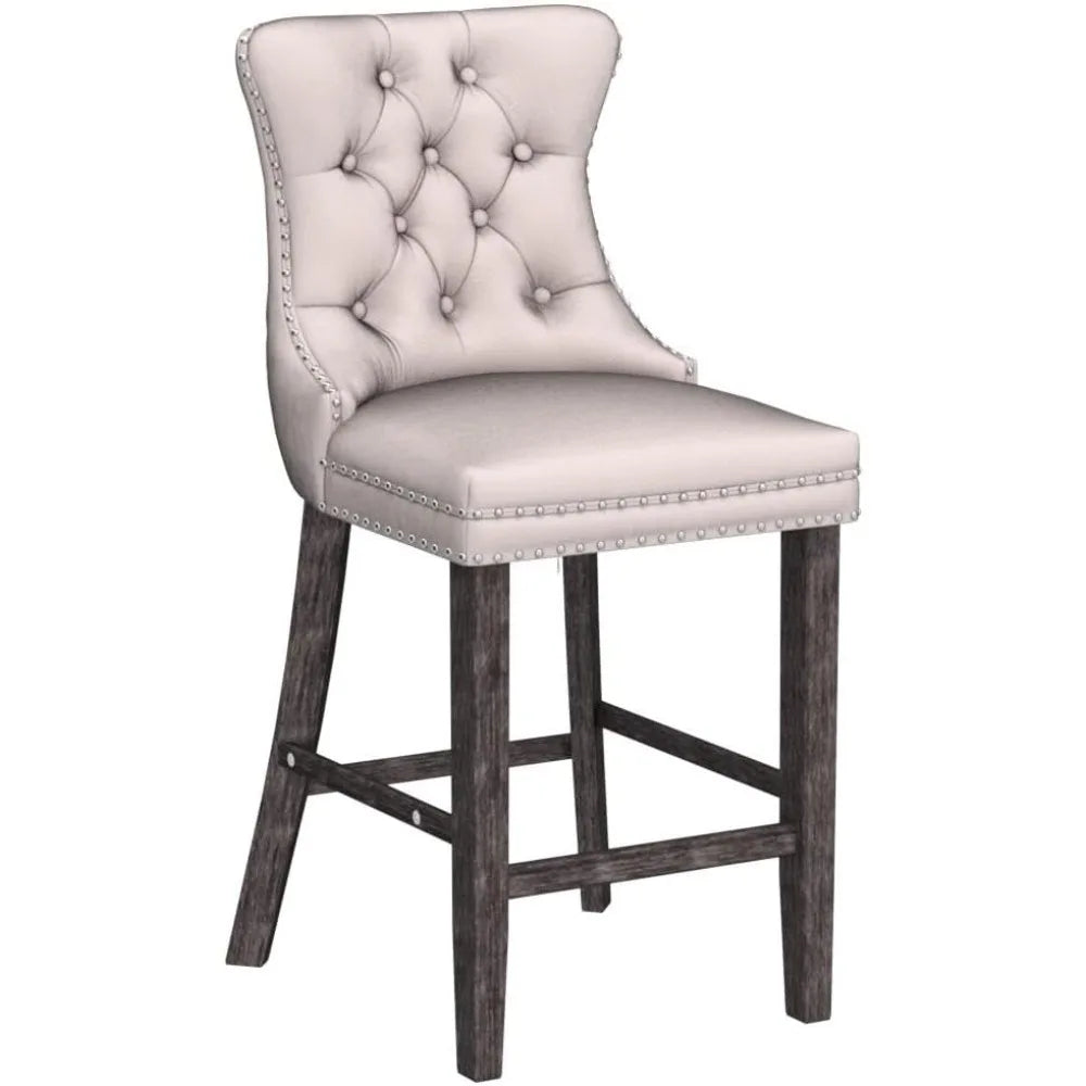 Set of 4 Modern Velvet Bar Stools – Beige Tufted Counter Height Chairs with Wood Legs & Nailhead Trim