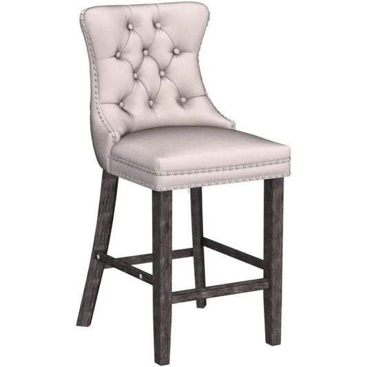 Set of 4 Modern Velvet Bar Stools – Beige Tufted Counter Height Chairs with Wood Legs & Nailhead Trim