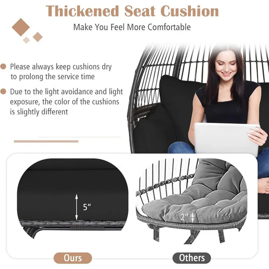 Oversized 2-Person Wicker Egg Chair – Indoor/Outdoor Lounge Hammock Chair with Cushions, PE Rattan Swing Chair with Armrests, 450 lbs Capacity