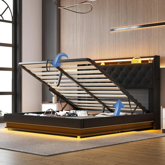 Queen Lift-Up Storage Bed Frame with USB Ports & LED Lights – Black Upholstered Platform Bed with Wingback Headboard & Hydraulic Storage