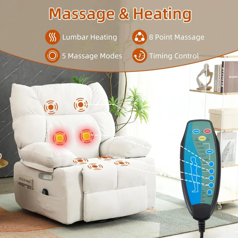 Swivel Massage Recliner Chair with Heat & USB-C – Electric Rocking Lounge Chair for Adults, Adjustable Backrest & Footrest