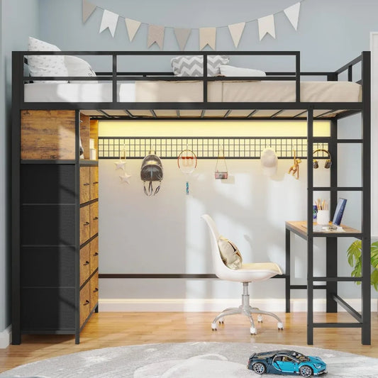 Ultimate Twin Loft Bed with Desk, LED Lights & 8-Drawer Dresser – Smart Storage & Study Combo