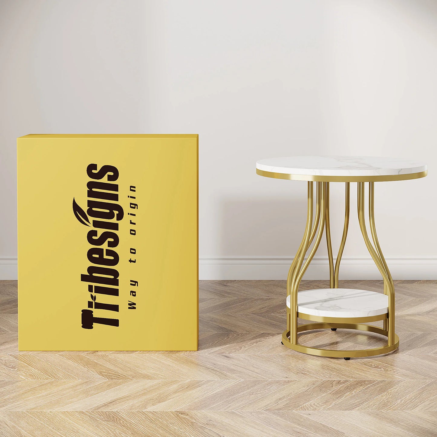 Round White and Gold Side Table – Elegant 2-Tier End Table with Storage Shelf