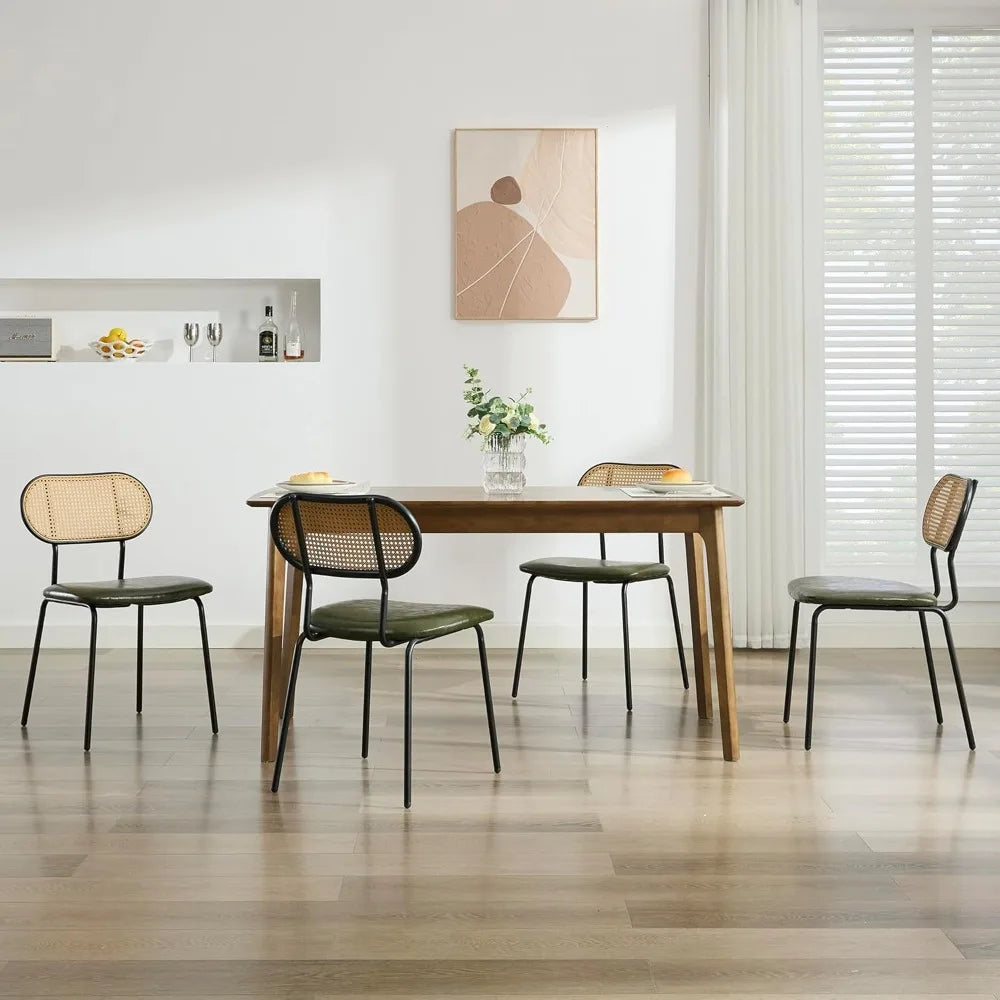 Set of 4 Green Faux Leather & Rattan Mid-Century Dining Chairs – Metal Frame, Boho Chic Design