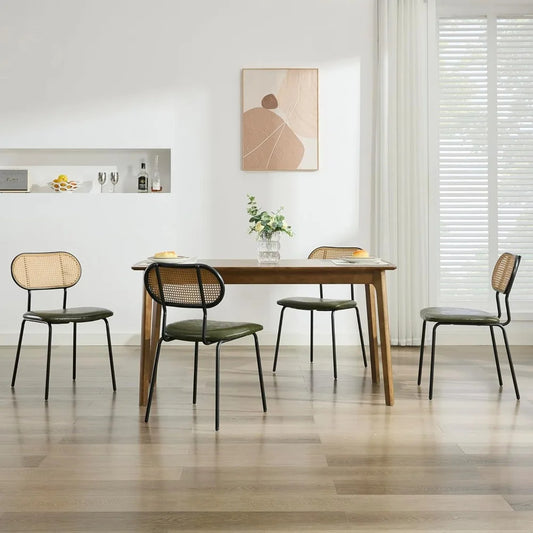Set of 4 Green Faux Leather & Rattan Mid-Century Dining Chairs – Metal Frame, Boho Chic Design