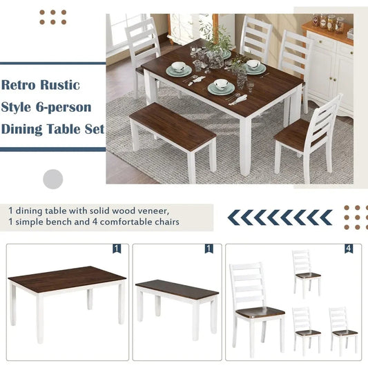 Rustic 6-Piece Dining Table Set with Bench & 4 Padded Chairs – Farmhouse Wood Table in Walnut + Cottage White