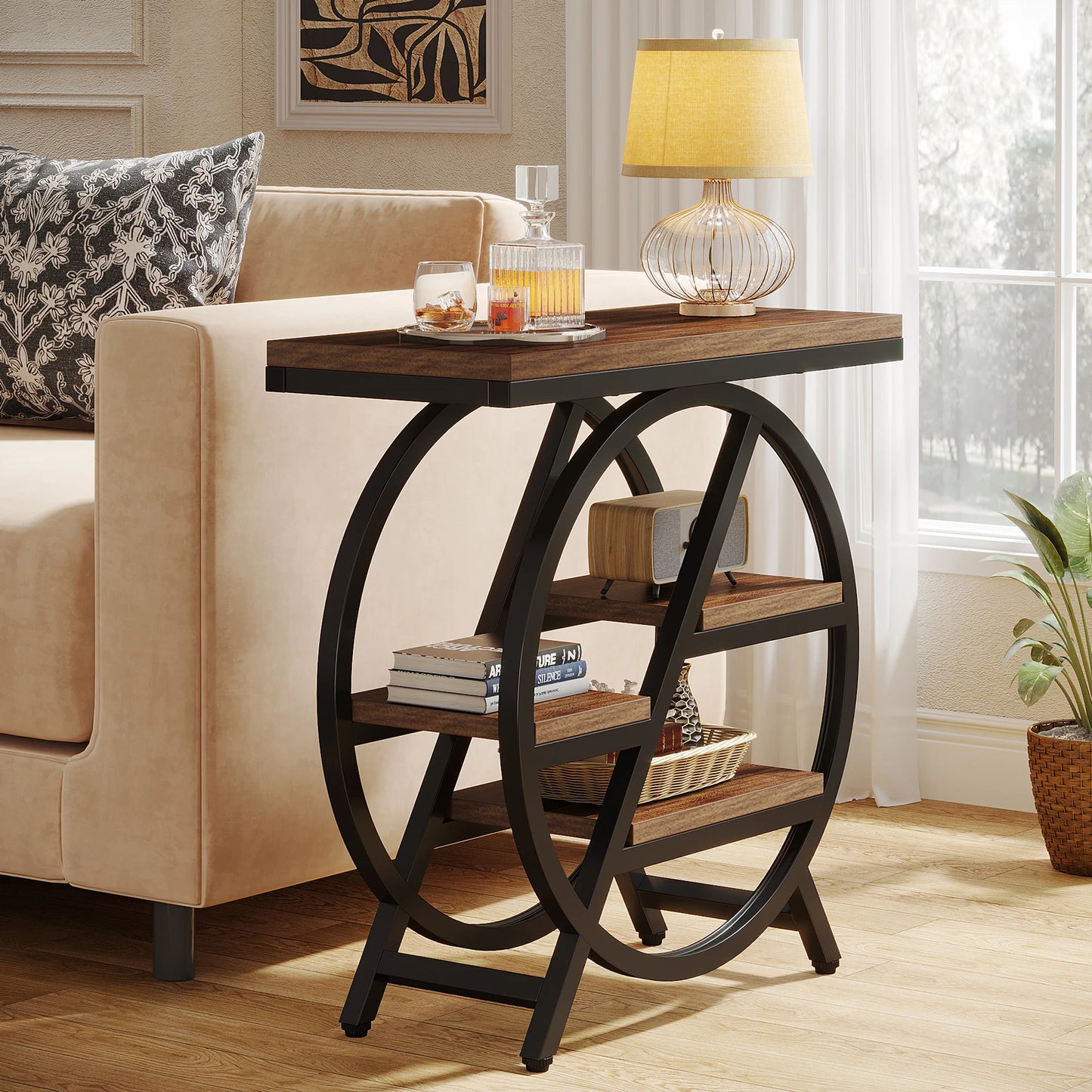 Rustic Narrow Side Table with Storage – Industrial Wood and Metal End Table with Geometric Frame for Living Room or Bedroom