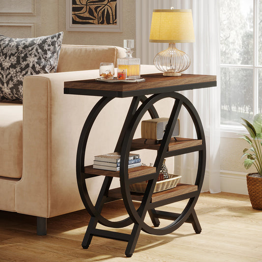 Rustic Narrow Side Table with Storage – Industrial Wood and Metal End Table with Geometric Frame for Living Room or Bedroom