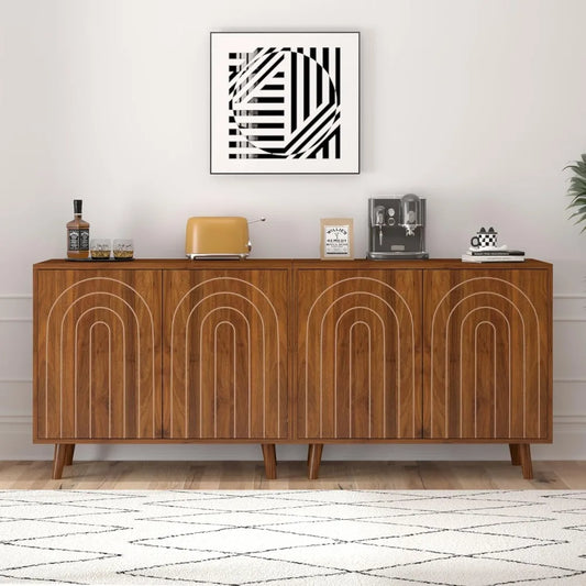 63" Modern Walnut Sideboard Cabinet – Set of 2 Decorative Storage Buffets with Carved Detail