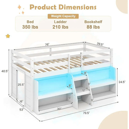 Twin Low Loft Bed with LED Lights, Stairs, Guardrail & Bookcase – Solid Wood Frame with Under-Bed Storage