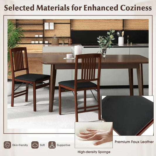 Set of 4 Folding Wooden Dining Chairs – No Assembly, Padded Faux Leather Seat, 400 lbs Capacity, Space-Saving Side Chairs (Brown/Black)