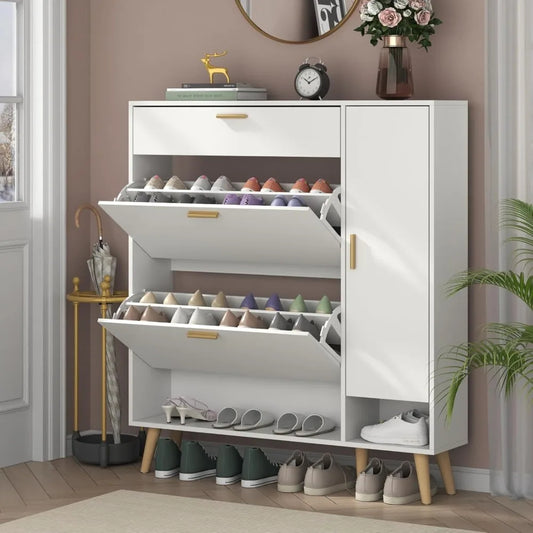Shoe Cabinet with 2 Flip Drawers & Side Storage – Adjustable Shelves for Entryway and Hallway Organization