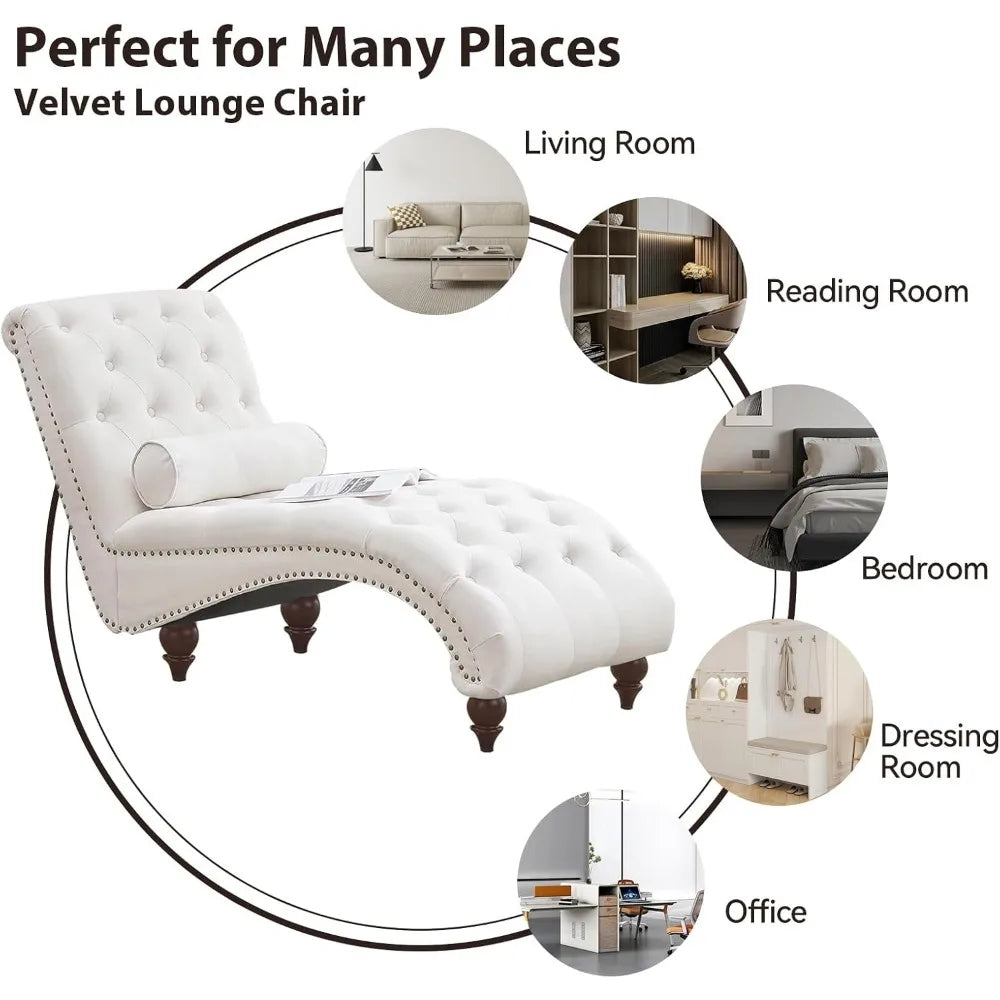Velvet Tufted Chaise Lounge Chair with Pillow – Upholstered Indoor Recliner with Wood Legs & Ergonomic Curved Design (Beige)
