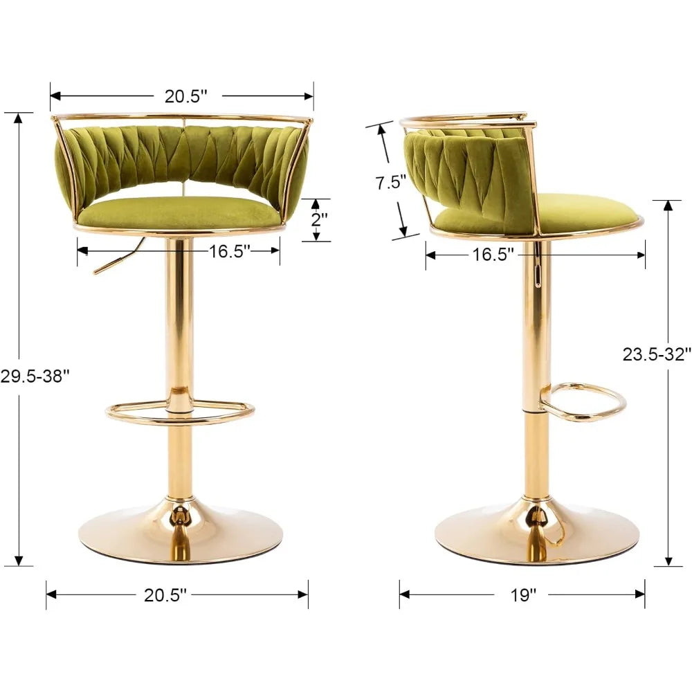 Set of 2 Modern Velvet Swivel Bar Stools – Adjustable Height Counter Chairs with Gold Base
