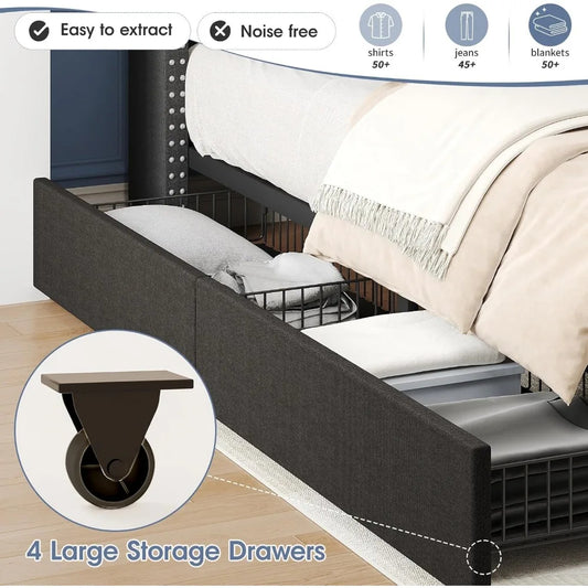 Queen Bed Frame with Storage Drawers, LED Headboard & Charging Ports