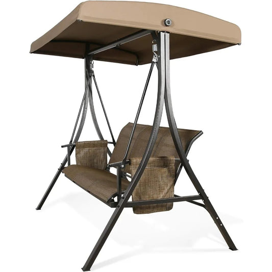 Outdoor 3-Seater Porch Swing Chair with Stand – Adjustable Canopy, Mesh Seats, Storage Pockets, and Steel Frame, Brown