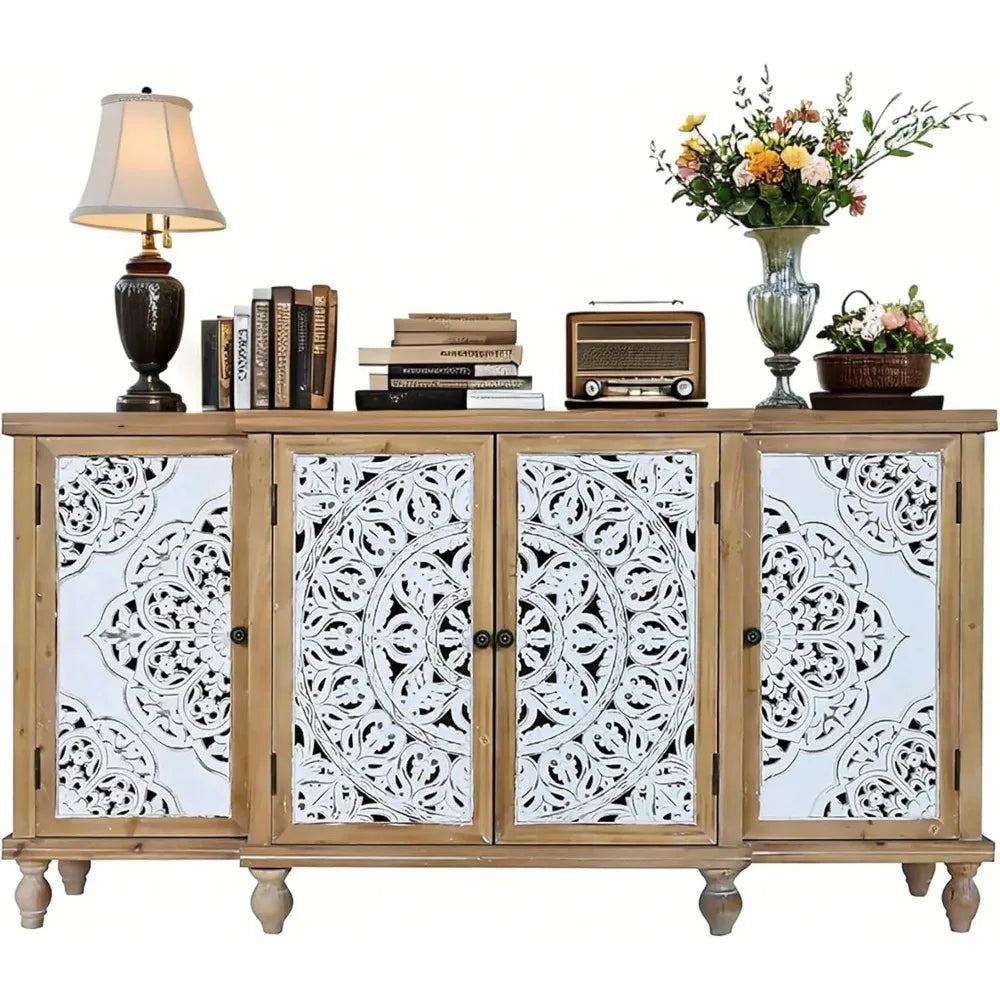 Set of 2 Retro Wood Sideboard Buffet Cabinets – Carved 4-Door Storage Cabinet for Entryway, Dining Room, or Living Room