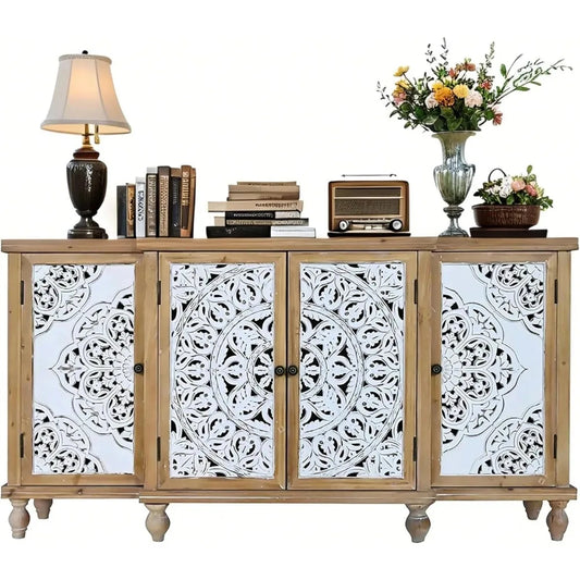 Set of 2 Retro Wood Sideboard Buffet Cabinets – Carved 4-Door Storage Cabinet for Entryway, Dining Room, or Living Room