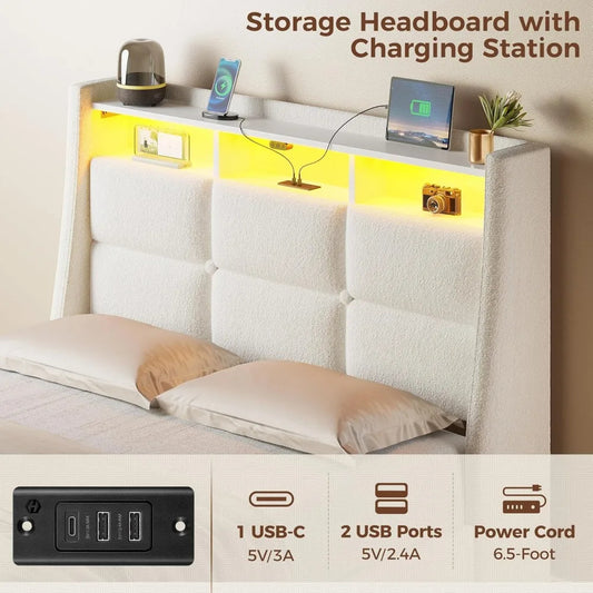 Twin Size Upholstered Bed Frame with LED Lights, Charging Station & Storage Drawers – White Lambswool Platform Bed, No Box Spring Needed