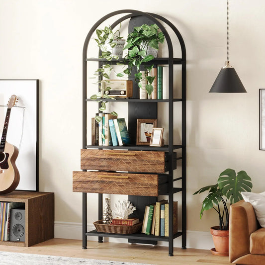 Tall Arched Bookshelf with Drawers and LED – Modern Open Storage Display for Living Room or Office