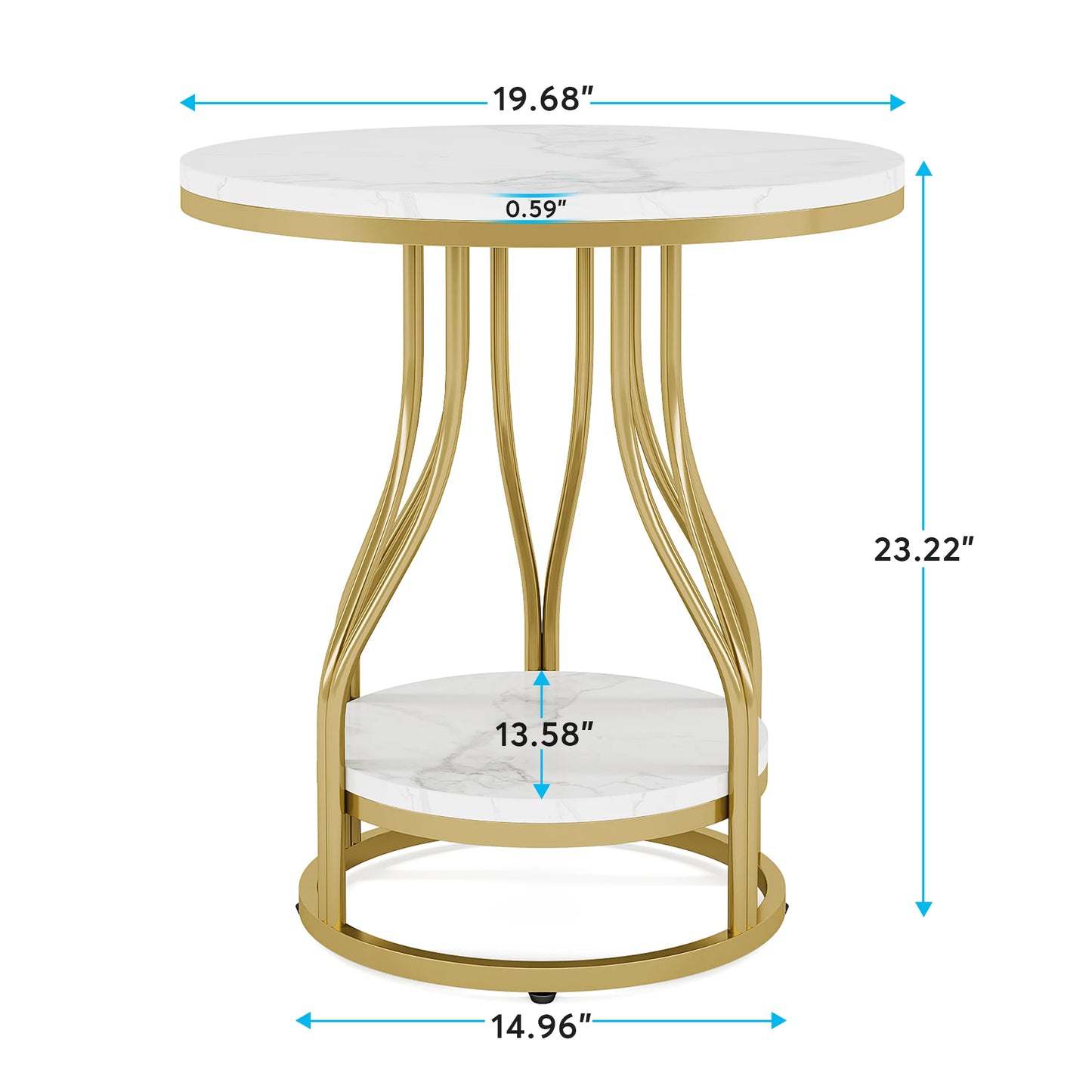 Round White and Gold Side Table – Elegant 2-Tier End Table with Storage Shelf