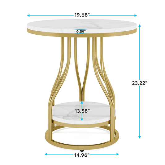 Round White and Gold Side Table – Elegant 2-Tier End Table with Storage Shelf