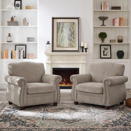 Nailhead Trim Armchair – Rolled Arm Chenille Accent Chair with Spring Cushions & Wood Legs, Beige Club Chair for Living Room