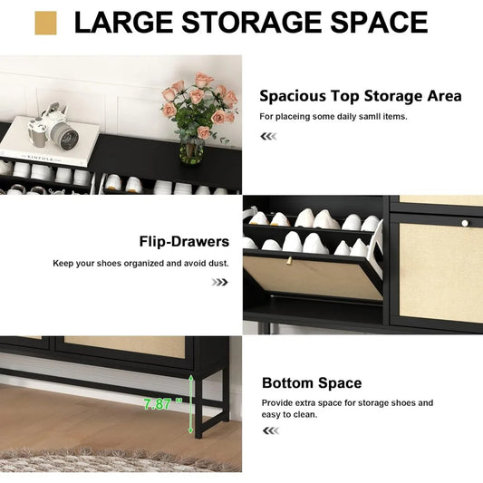 Slim Shoe Cabinet with 4 Flip Drawers – Narrow Freestanding Shoe Organizer with Fabric Panels & Metal Legs for Entryway (Black, 8-Tier)