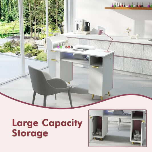 Professional Nail Technician Table with Dust Collector, USB Charging & Storage – White Manicure Station