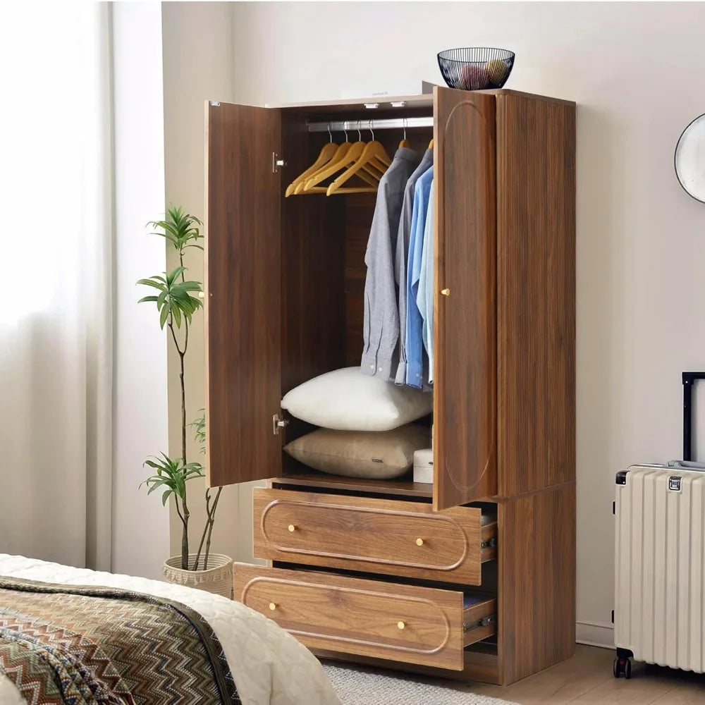 Set of 2 Freestanding Wardrobe Closets with Fluted Doors & Drawers – Modern Armoire Storage Cabinets, Walnut Finish