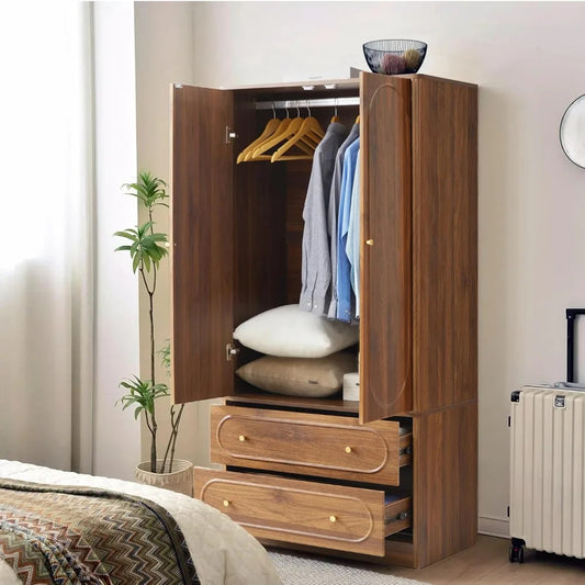 Set of 2 Freestanding Wardrobe Closets with Fluted Doors & Drawers – Modern Armoire Storage Cabinets, Walnut Finish