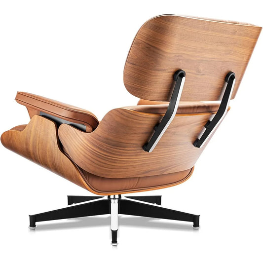 Top Grain Leather Lounge Chair & Ottoman – Mid-Century Modern Swivel Recliner with Walnut Base, Ergonomic Reading Accent Chair