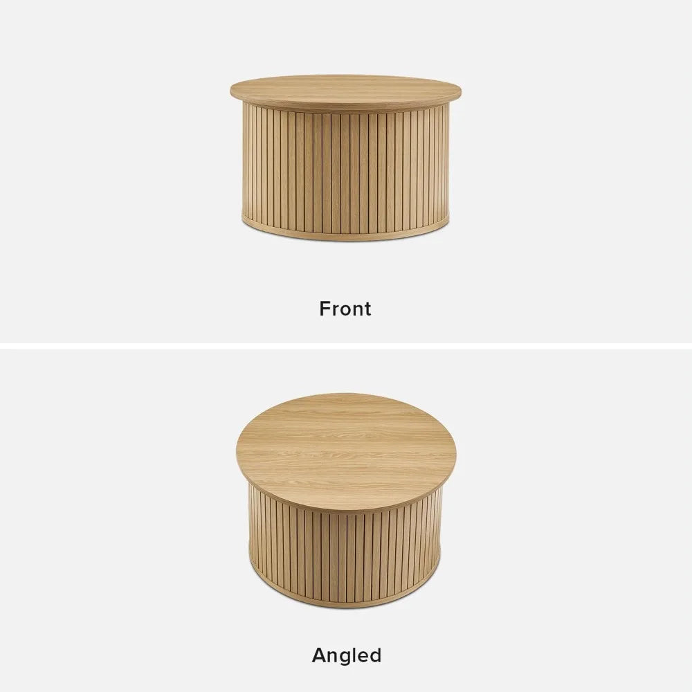 Quin Tambour Round Coffee Table with Hidden Storage – Mid-Century Modern Fluted Wood Drum Accent Table (Oak, 27.6")