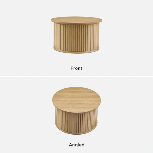 Quin Tambour Round Coffee Table with Hidden Storage – Mid-Century Modern Fluted Wood Drum Accent Table (Oak, 27.6")