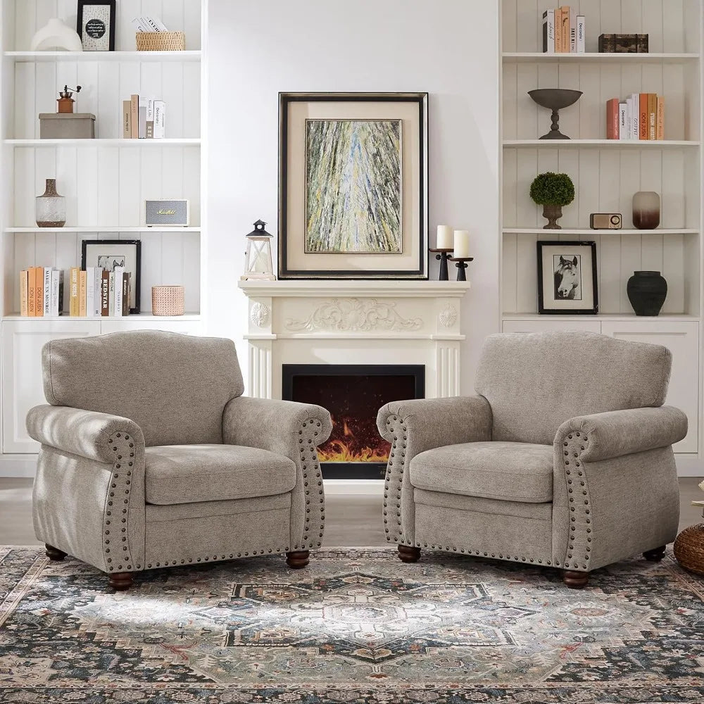 Rolled Arm Chenille Accent Chair – Nailhead Trim Club Chair with Cushions & Solid Wood Legs (Beige)