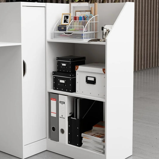 Reception Desk with LED Lights – Modern Front Counter with Glass Display, Storage Shelves & Adjustable Glass Panels for Salon, Clinic, or Retail