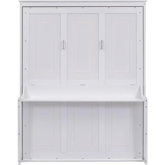 Queen Size Murphy Bed with Storage Shelf – Foldable Wall Bed Frame with Desk & Bookshelf for Guest Room or Home Office