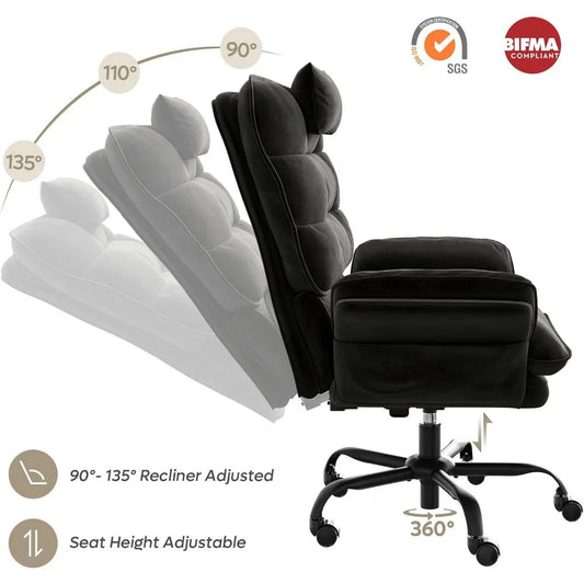 Velvet Executive Office Chair with Flip-Up Arms, 135° Reclining Ergonomic Desk Chair, Wide High Back with Headrest & Storage Pockets – Black