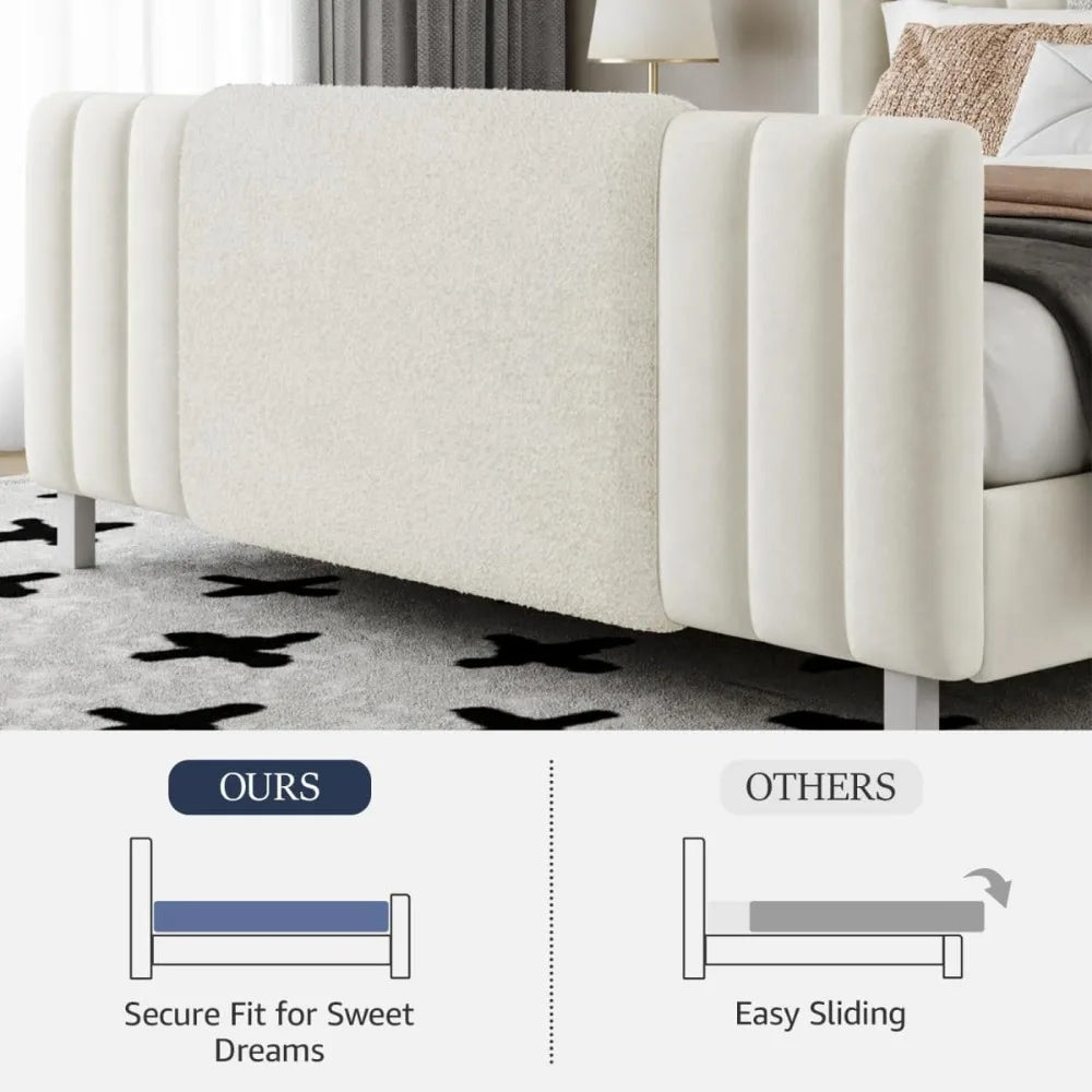 Queen Size Upholstered Bed Frame with LED Lights – Boucle & Velvet, Tall Wingback Headboard, No Box Spring Needed, Modern Platform