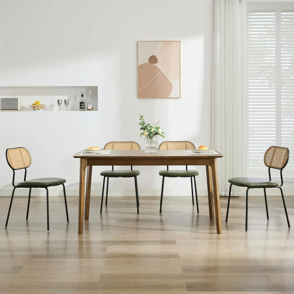 Set of 4 Green Faux Leather & Rattan Mid-Century Dining Chairs – Metal Frame, Boho Chic Design
