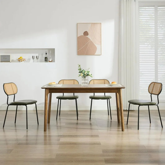 Set of 4 Green Faux Leather & Rattan Mid-Century Dining Chairs – Metal Frame, Boho Chic Design