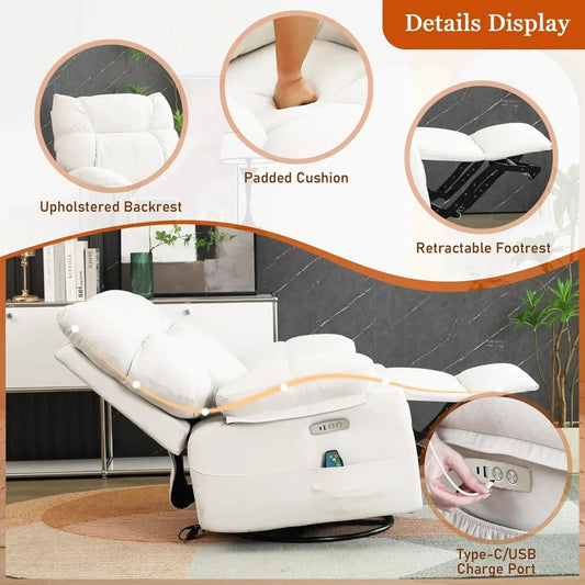 Swivel Massage Recliner Chair with Heat & USB-C – Electric Rocking Lounge Chair for Adults, Adjustable Backrest & Footrest